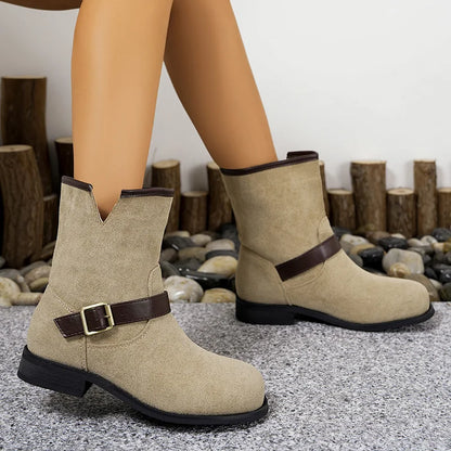Designer British Style Square Low Heel Faux Suede Boots For Women