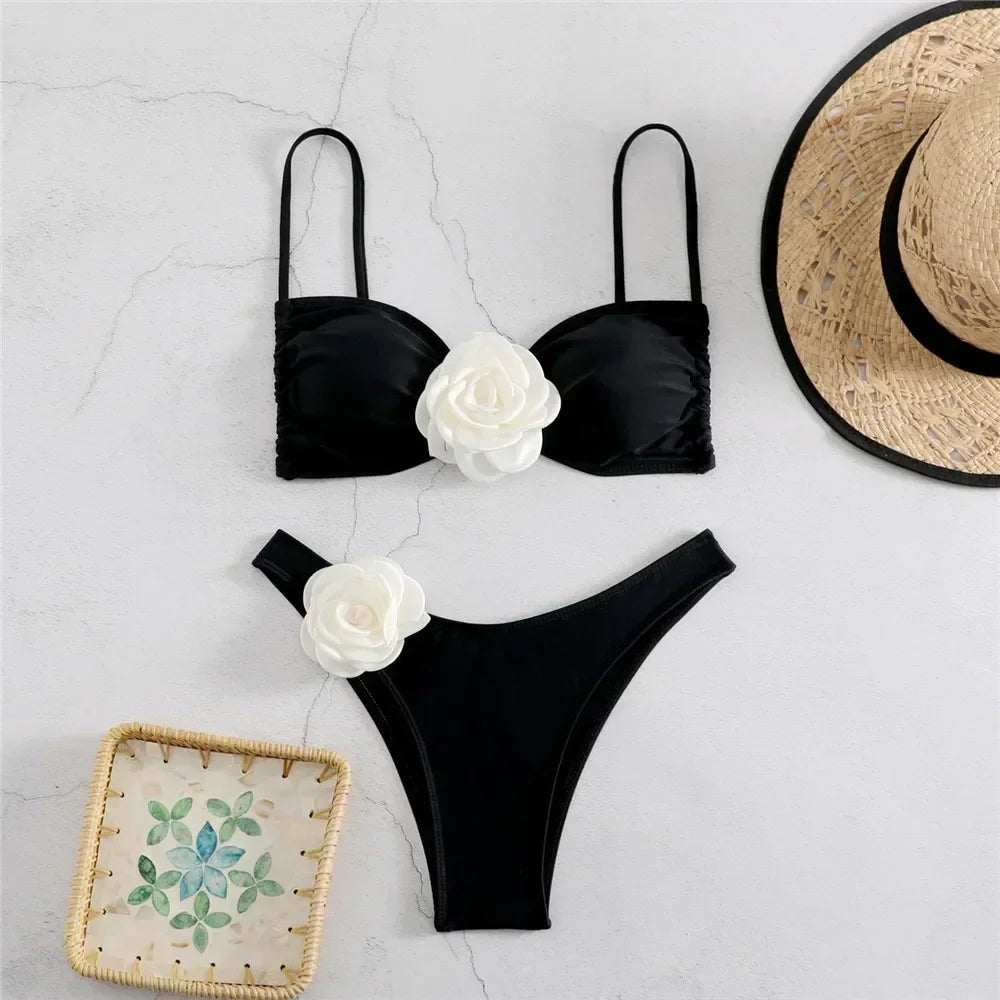 Sophisticated Black Bikini with White 3D Rose Details Aesthetic