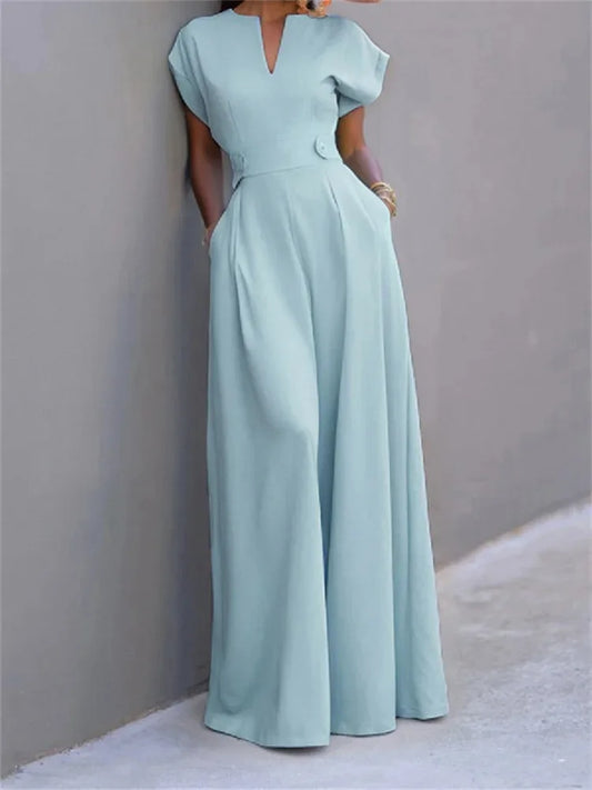 Women S Loose Jumpsuit Solid Color Short Sleeve Front Wrapped V Neck Ankle Tied Skin Friendly Loose Fit