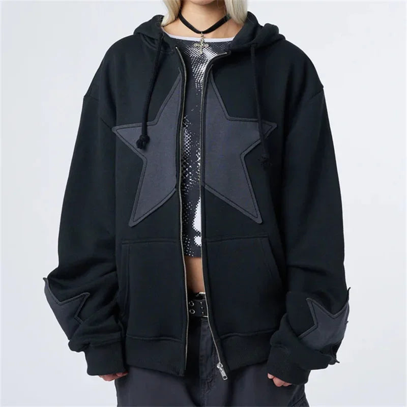Y2k Star Patch Zip Up Hoodie Oversized Gothic Streetwear Sweatshirt For Women