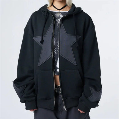 Y2k Star Patch Zip Up Hoodie Oversized Gothic Streetwear Sweatshirt For Women