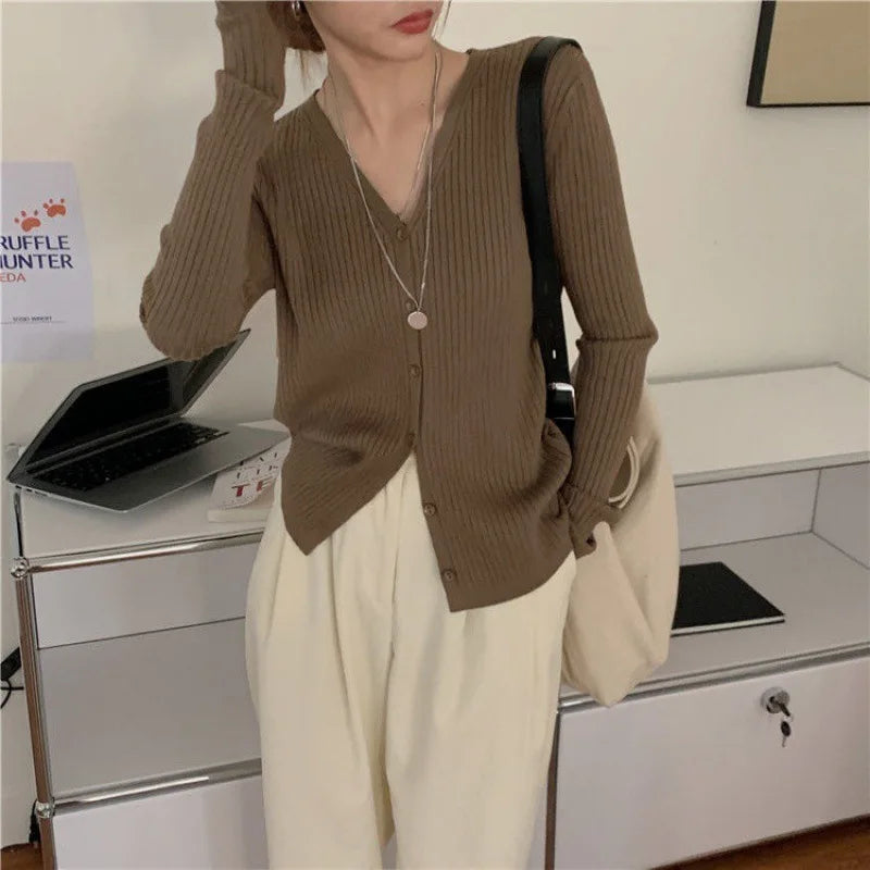 New Spring Autumn Solid Cardigan Sweater For Women V Neck Long Sleeve Single Breasted Short Coat Knit Clothing