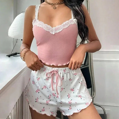 Sexy Womens 2 Piece Pajama Set Striped Print Crop Camis Top Elastic Waist Shorts For Soft Sleepwear