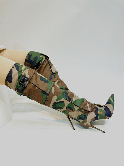 Women's Camouflage Thin High Heel Knee High Boots