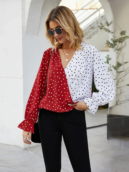 2024 V-Neck Polka Dot Blouse: Casual Office Wear for Women