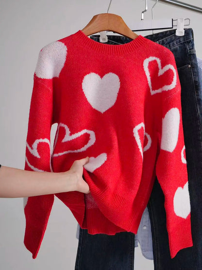 Women S Fashionable Fall Winter Heart Print Sweater Cozy Pullover For Leggings Trendy Winter Sweater With Sweat Necklace