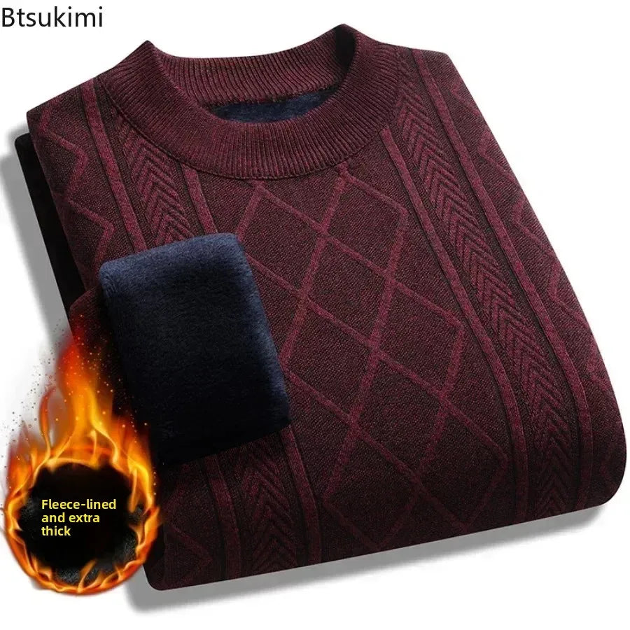 2025 Mens Casual Warm Sweater Solid Plush Knitted Pullover Autumn Winter Thickened Versatile Top