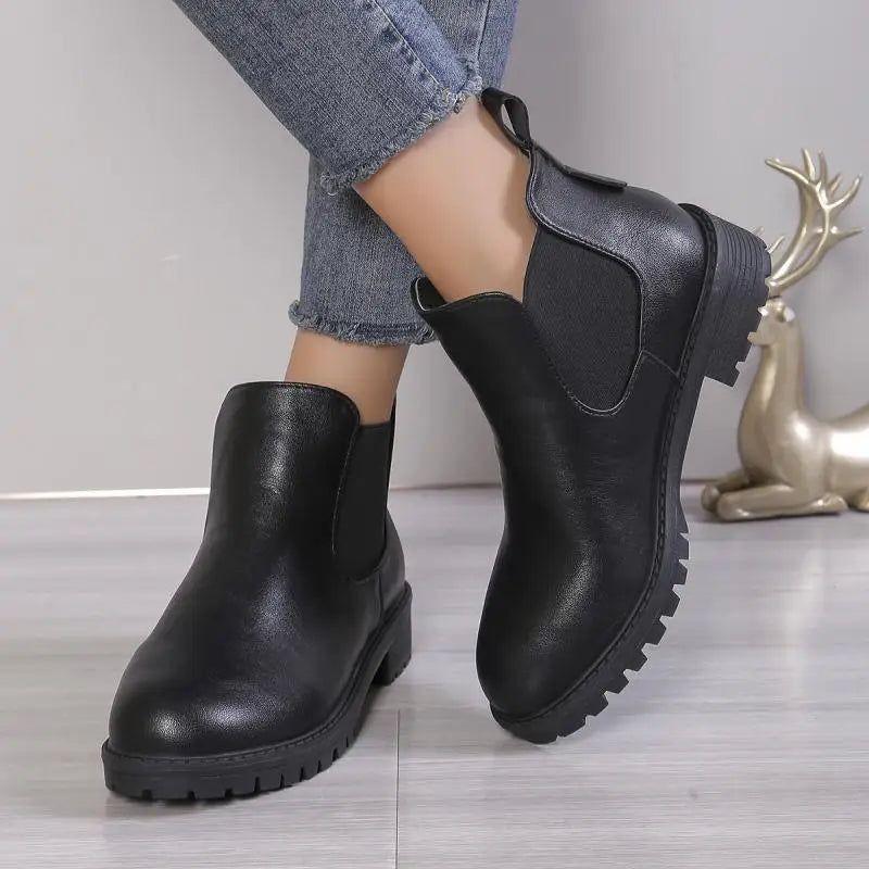 Women Cow Leather Round Toe Thick Sole Ankle Chelsea Boots