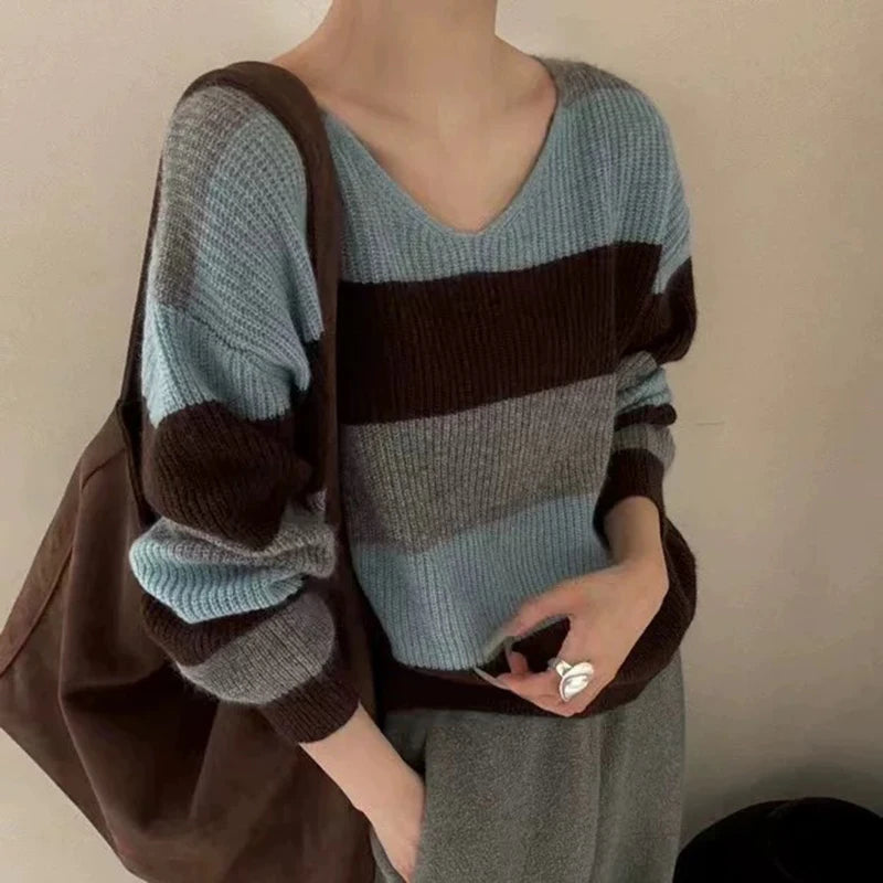 Chic Striped Knit Pullover Oversized Casual Streetwear For Autumn Winter