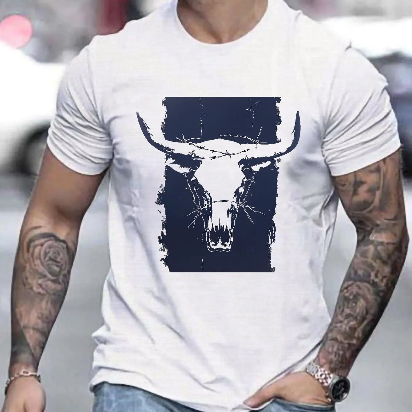 Bull Horns Skull Print Western Themed T Shirts
