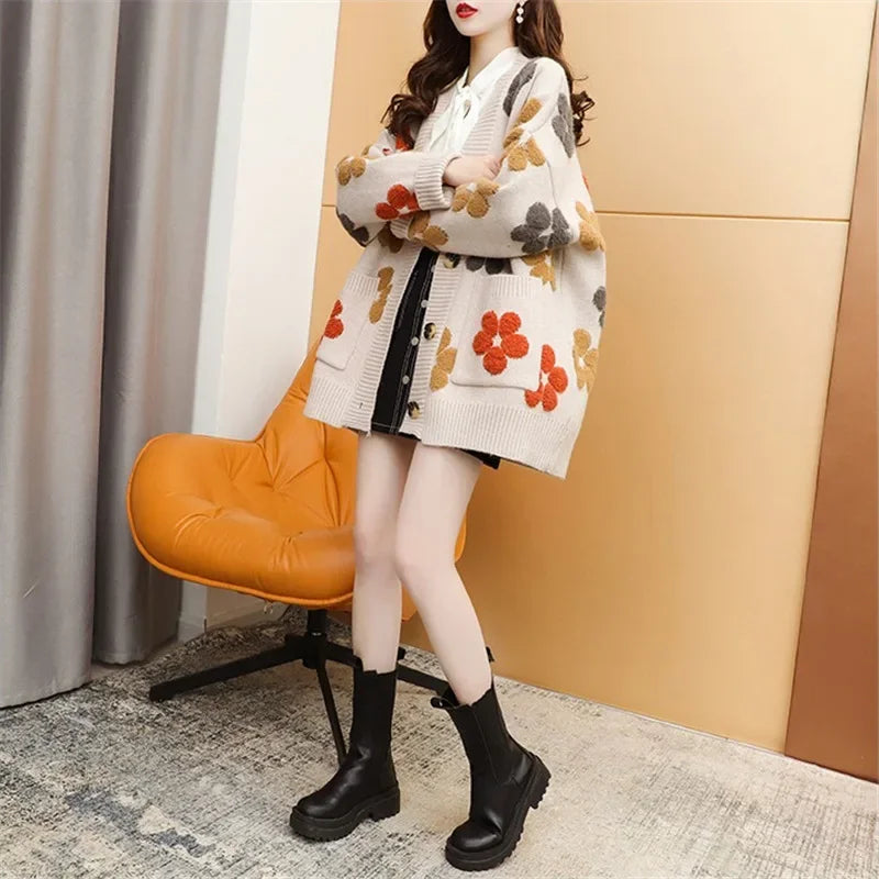 Vintage Long Sleeve Printed Cardigan V Neck Button Up Floral Sweater With Pockets Spring Autumn Casual Women S Clothing