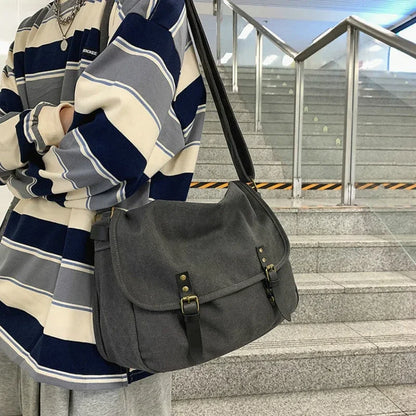 Japanese Canvas Cross Body Bag For Men Women Simple Wash Canvas Handbag Large Capacity Arts Students Satchel