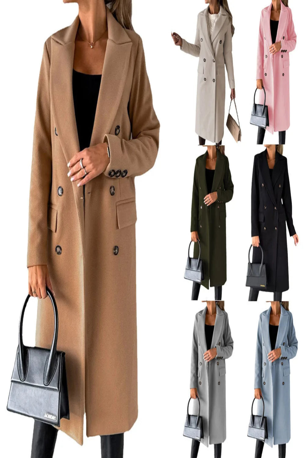Collage of women wearing long coats in various colors with handbags.