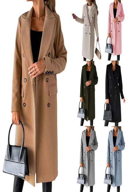 Collage of women wearing long coats in various colors with handbags.