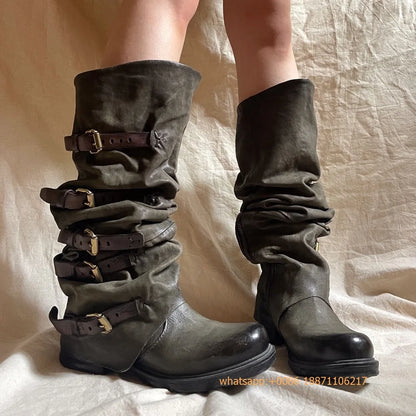 Womens Large Mid Length Retro Boots Buckle Casual Knight Boots For Autumn Winter 2025