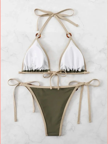 Olive and Beige Contrast Trim Tortoise Link Bikini Aesthetic