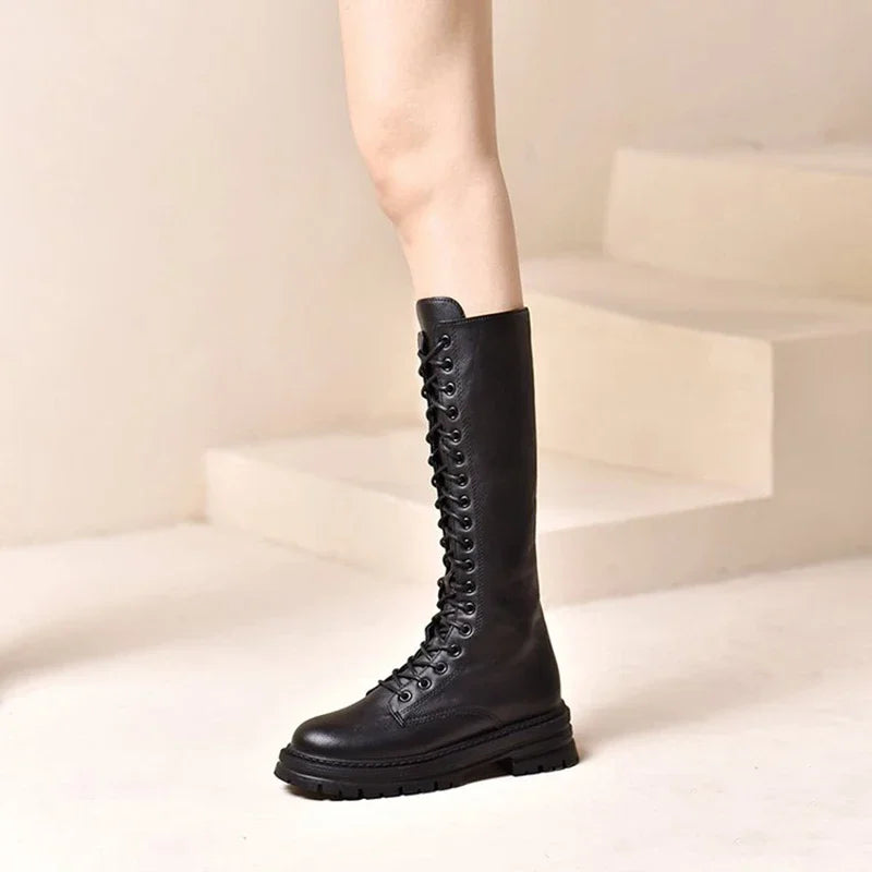 Women’s Knee-High Platform Boots 2025 – Korean Style PU Leather Fleeced Chunky Heel Winter Boots
