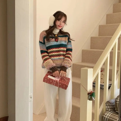 Womens Bohemian Crochet Knit Sweater Loose Round Neck Pullover With Long Sleeves