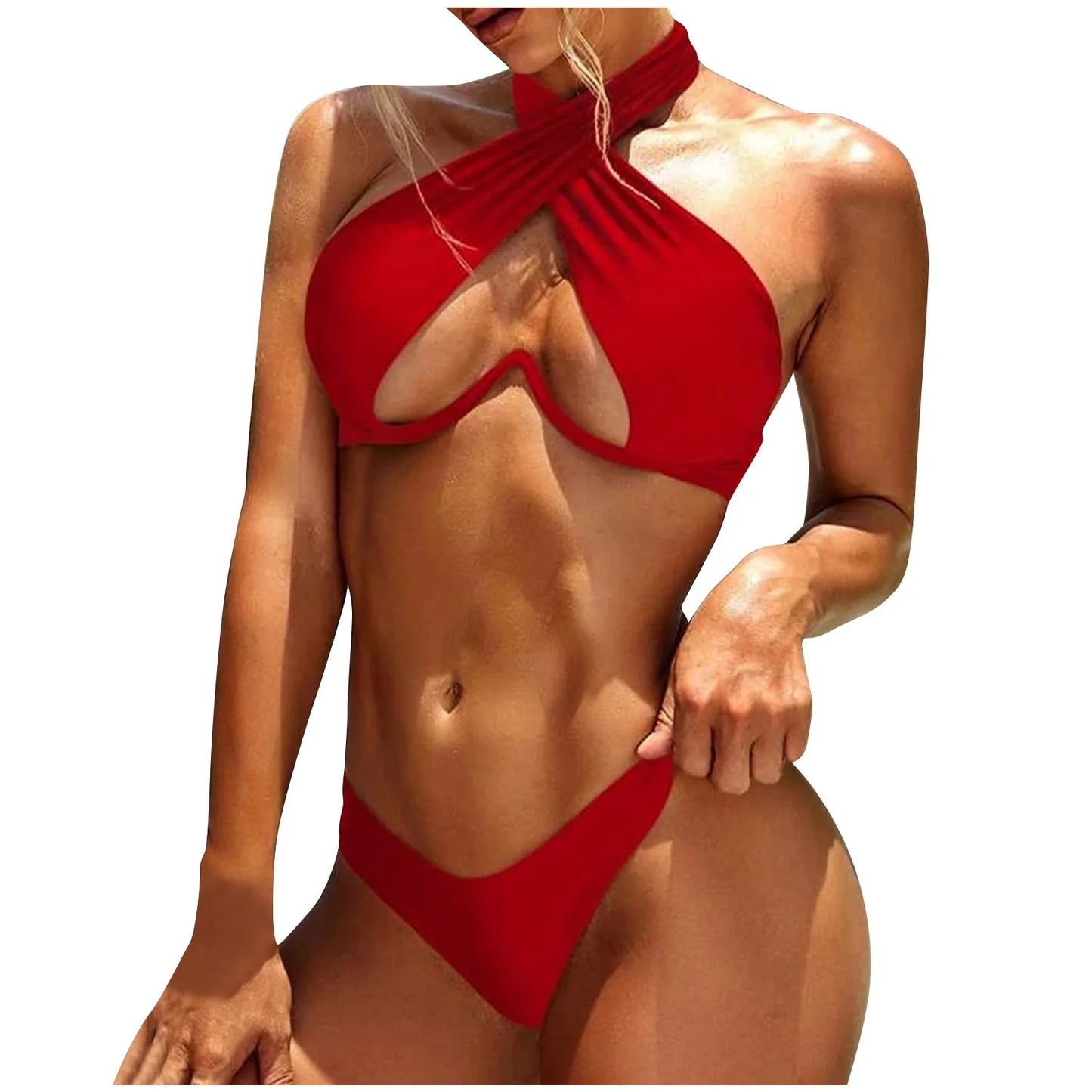 Split Colored Ring Linked Open Back Bikini For Women