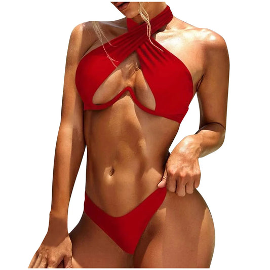 Split Colored Ring Linked Open Back Bikini For Women