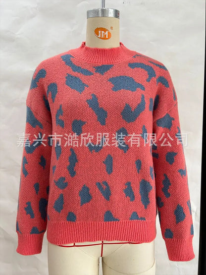 Women Half Leopard Zipper Sweaters