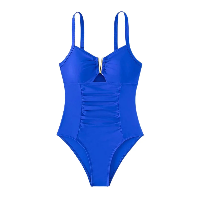 2025 Sexy One Piece Swimsuit Womens Blue Pleated V Neck Bathing Suit With Decorative Waistband Beachwear Swimwear
