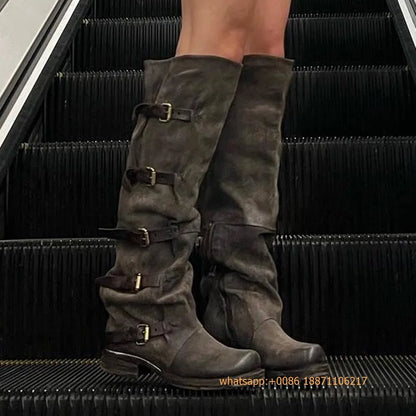 Womens Large Mid Length Retro Boots Buckle Casual Knight Boots For Autumn Winter 2025