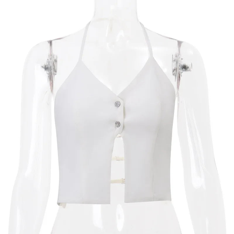 Simple Style Halter Neck Crop Top Close Fitting Solid Color Vest For Women