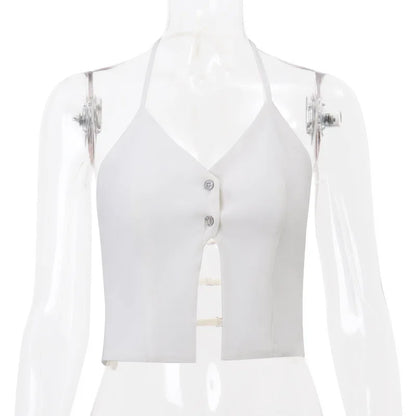 Simple Style Halter Neck Crop Top Close Fitting Solid Color Vest For Women