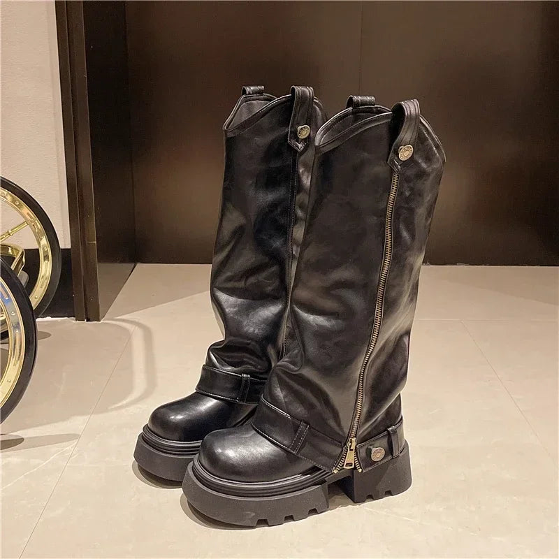 Women’s Knee-High Retro Western Boots 2025 – PU Leather Zipper Chunky Heel Punk Knight Boots