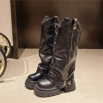 Women’s Knee-High Retro Western Boots 2025 – PU Leather Zipper Chunky Heel Punk Knight Boots