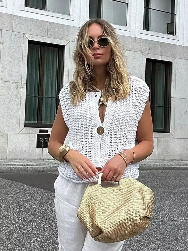 Womens Elegant Round Collar Single Breasted Buttoned Sweaters