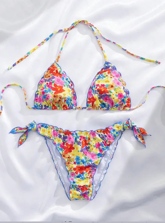 2025 Summer Pleated Bikini Set For Women Two Piece Triangle Swimsuit Halter Bathing Suit