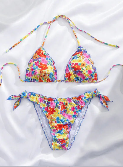 2025 Summer Pleated Bikini Set For Women Two Piece Triangle Swimsuit Halter Bathing Suit