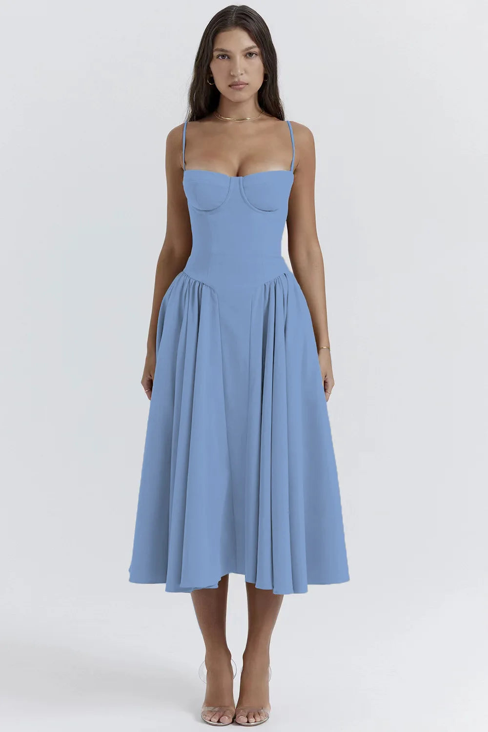 Old Money Aesthetic - Elegant Neutral Corset Midi Dress