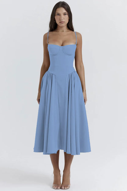 Old Money Aesthetic - Elegant Neutral Corset Midi Dress