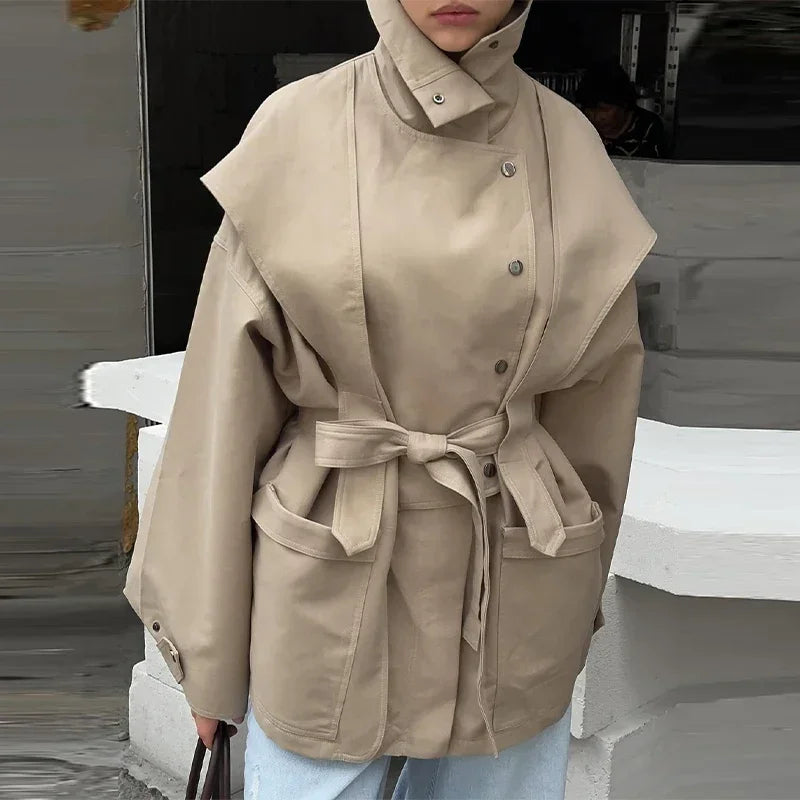 Cotton Khaki Long Turn Down Collar Belted Women Trench Coat