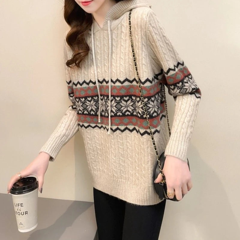 Women S Vintage Brown Knitting Sweater Hoodie Long Sleeve Casual Korean Fashion Baggy Autumn Tops For Ladies