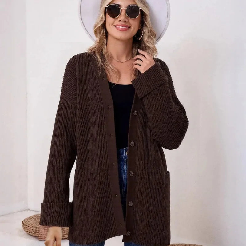 V-Neck Single-Breasted Knit Cardigan – Casual Autumn 2025