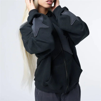 Y2k Star Patch Zip Up Hoodie Oversized Gothic Streetwear Sweatshirt For Women