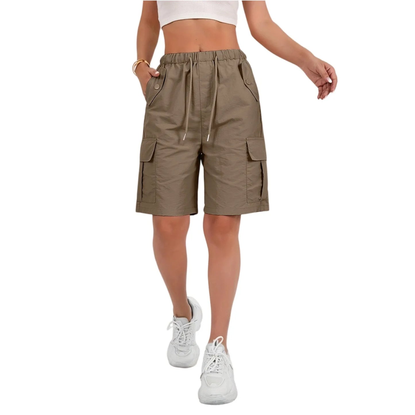 Elastic Waist Flap Pocket Cargo Shorts For Women