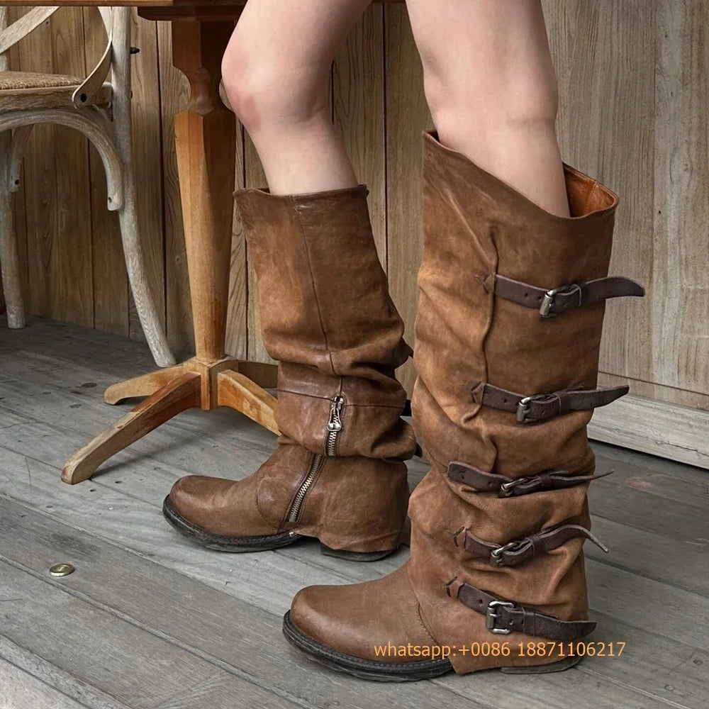 Womens Large Mid Length Retro Boots Buckle Casual Knight Boots For Autumn Winter 2025