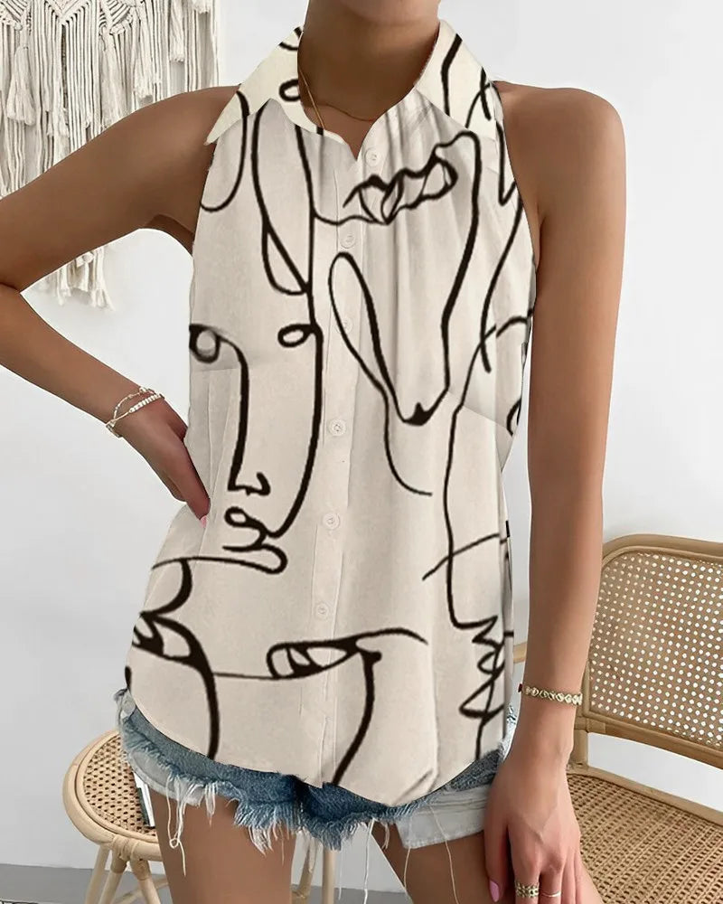Off ShoulderSleeveless Abstract Printed Women Blouse