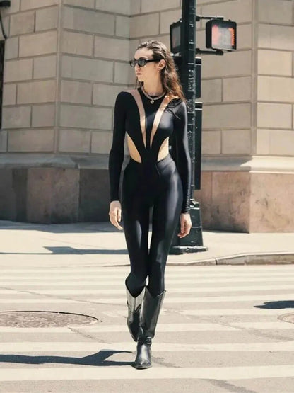 Sexy Mesh Patchwork Jumpsuit: Long Sleeve Skinny Black One-Piece Overalls