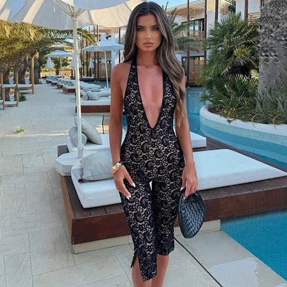 Chic Lace Halter Jumpsuit for an Elegant Coastal Vacation Mood