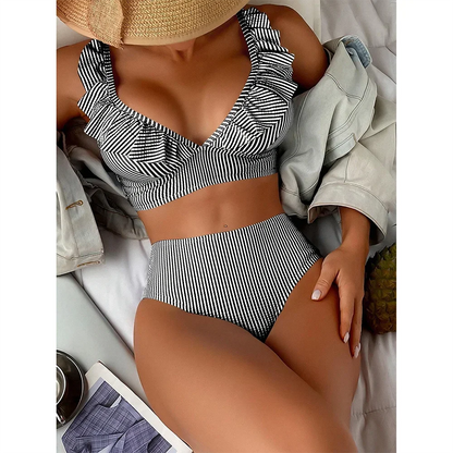 8x Plus Size Women Point Striped High Waist Bikini Sets