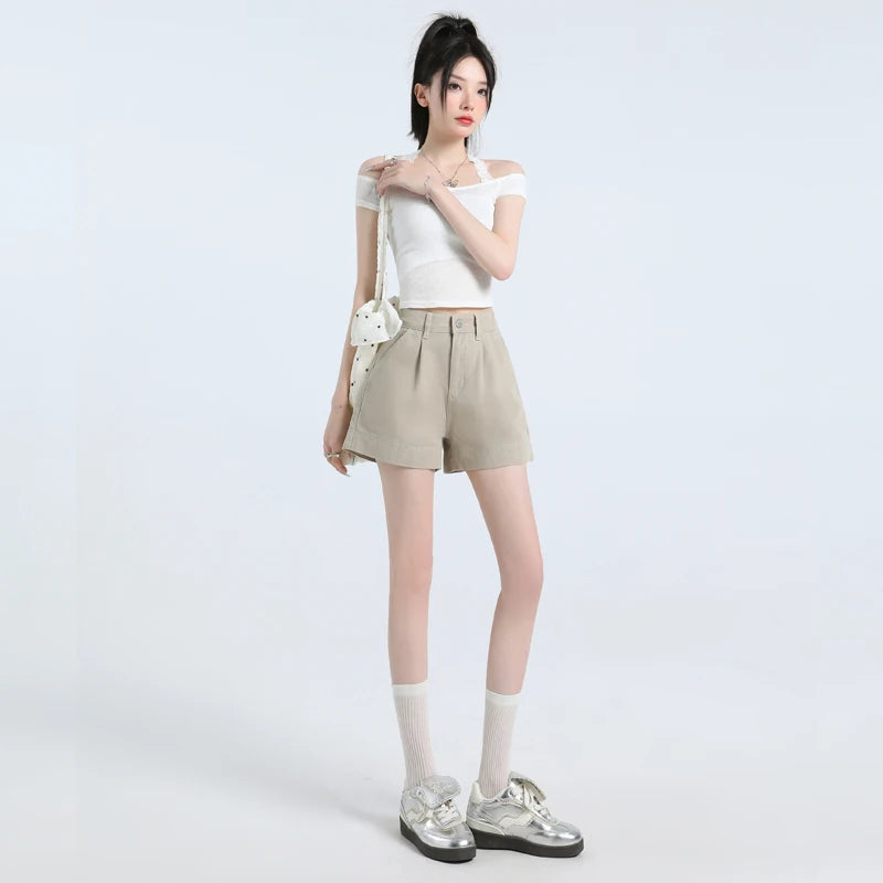 Urban Minimalist: Pleated High-Waist Khaki Shorts
