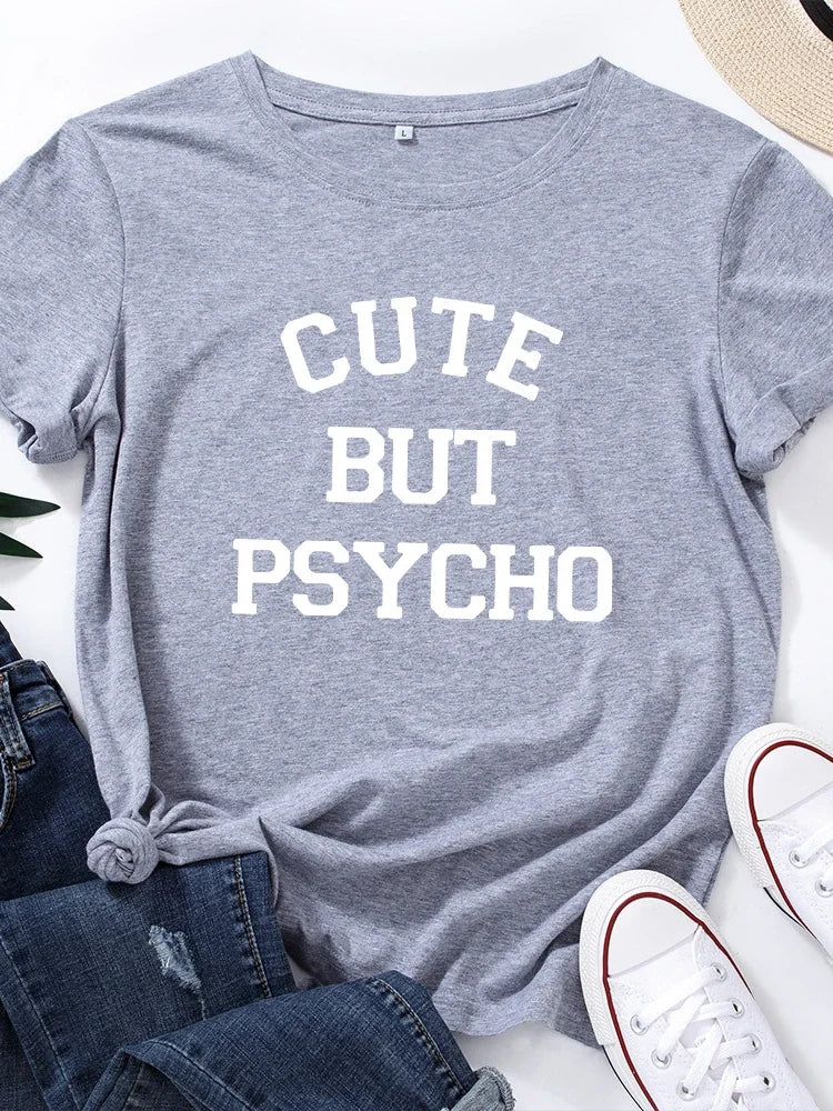 Cute But Psycho Graphic T Shirt 2025 Summer Funny Loose Crew Neck Tee Womens Casual Harajuku Print Shirt