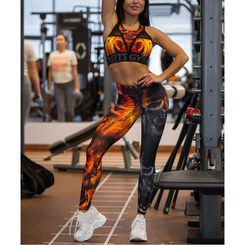 Red Printed Mesh Sportswear Set Tank Top Leggings For Women