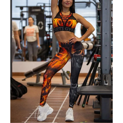 Red Printed Mesh Sportswear Set Tank Top Leggings For Women